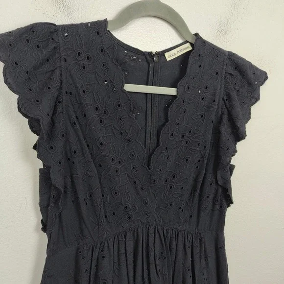 Ulla Johnson Louise Dress Womens 0 Black Cotton Linen Eyelet Midi Flutter Sleeve - Picture 3 of 7